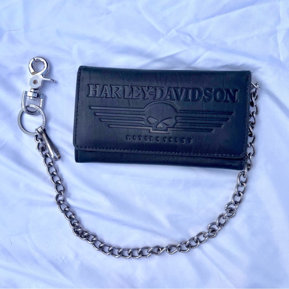 Harley-Davidson Large Black Leather Wallet with Silver Chain